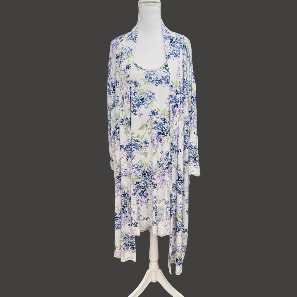 Soft Surroundings Tranquility Bamboo Robe & Nightgown M Soft Floral Sleepwear - Picture 2 of 15